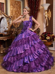 One Shoulder 2013 Sweet 15 Dress in Purple with Layers and Hand Made Flowers