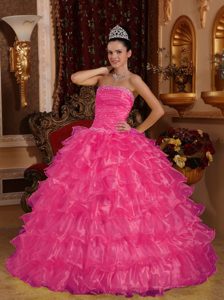Beading Strapless Organza 2013 Quinceanera Dress with Ruffled Layers in Hot Pink