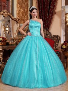 Discount One Shoulder Floor-length Dress for Quince with Beadings in Aqua Blue