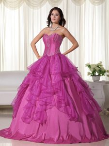 Ruffled and Appliqued Quinceaneras Dress with Heart Shaped Neckline in Fuchsia