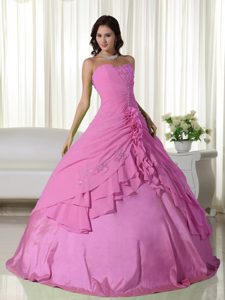 Clearance Rose Pink Sweetheart Beaded Quinceanera Dress with Rolling Flowers