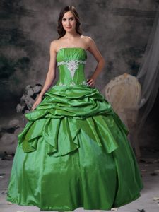 Strapless Taffeta Sweet 16 Dresses with Pick-ups and White Appliques in Green