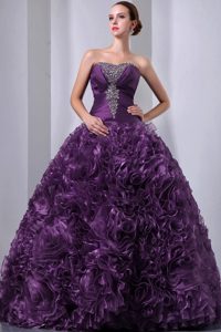 Glitz Eggplant Purple A-line Quinceanera Gown with Beads and Rolling Flowers