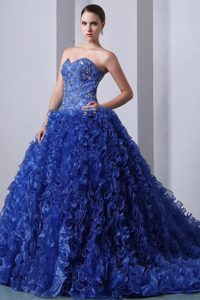 Cheap Princess Sweetheart Dresses for Quince in Blue with Ruffles and Appliques