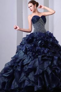 Navy Blue Beading and Ruching Sweet Sixteen Quinceanera Dresses with Ruffles