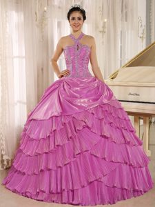 Halter-top Hot Pink Beading Quinceaneras Dress with Pleats and Layers on Sale