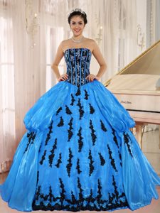 Aqua Blue and Black Strapless Quinceanera Dress with Embroidery on Promotion