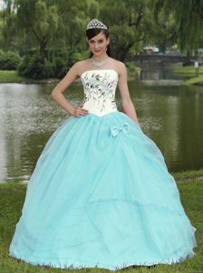 Low Price Embroidery Baby Blue Organza Strapless Quinceanera Gowns