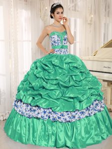 Green Taffeta and Printing Quinceanera Dresses with Beading and Pick-ups