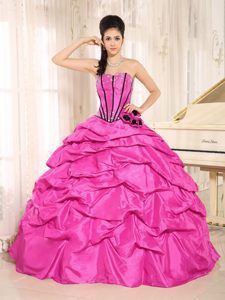 Hot Pink Beaded Quinceanera Dress with Pick-ups and Hand Made Flowers