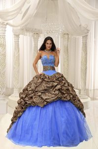Leopard and Organza Sweetheart Quinces Dress with Beading and Pick-ups