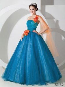 Teal A-line One Shoulder Organza Dress for Quince with Hand Made Flowers