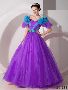 A-line V-neck Organza Quinceanera Dress with Hand Made Flowers for Cheap