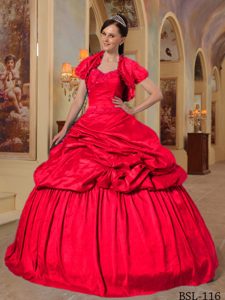 Sweetheart Floor-length Taffeta Dresses for Quince with Pick Ups in Red