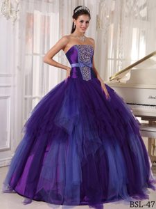Simple Purple Strapless Tulle Quinceanera Dress with Ruffles and Beading