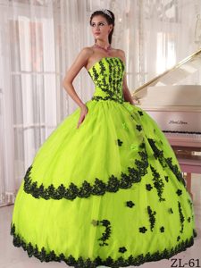 Exquisite Appliqued Strapless Dress for Quince in Yellow Green for Less