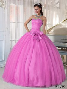 Pretty Sweetheart Rose Pink Tulle Quinceanera Gowns with Bowknot on Sale