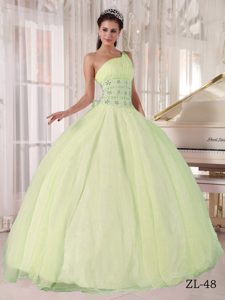One Shoulder Yellow Green Quinceanera Dress in Tulle with Beaded Waist