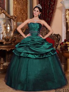 Dark Green Strapless Tulle and Taffeta Dress for Quince with Beading