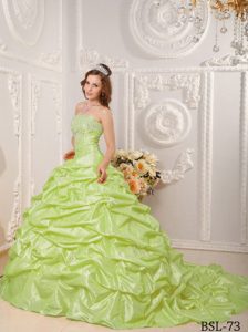 Yellow Green Strapless Taffeta Dress for Quince with Pick Ups for Less