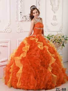 Special Beaded Orange Red Organza Quinceanera Gowns with Rolling Flowers