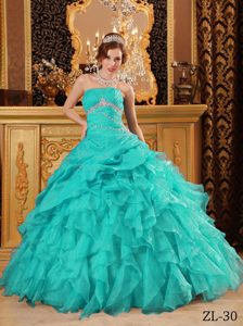 Brand New Turquoise Beaded And Ruffled Quinceanera Dresses in Organza
