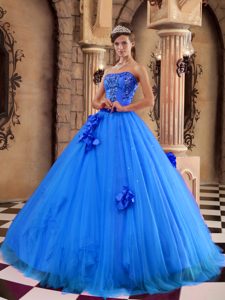 Blue Strapless Satin and Tulle Beaded Quinceanera Dress for Custom Made