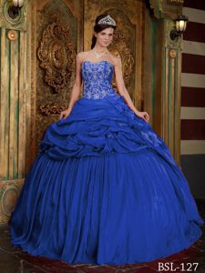 Blue Sweetheart Taffeta Beaded and Appliqued Quinceanera Dresses on Sale