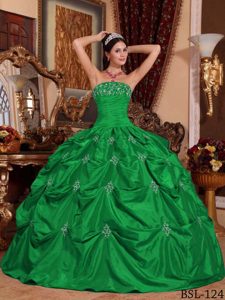 Green Strapless Taffeta Quinceanera Dress with Appliques for Custom Made