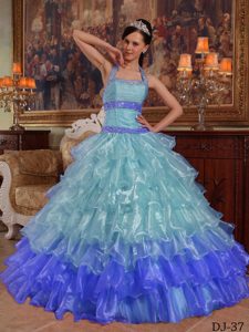Blue Halter Top Organza Beaded Quinceanera Dresses with Ruffled Layers