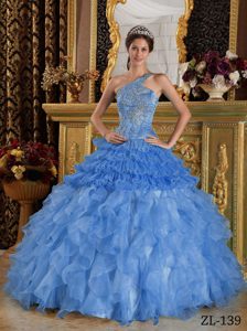 Blue One Shoulder Beaded Quinceanera Dress with Ruffled Layers on Sale