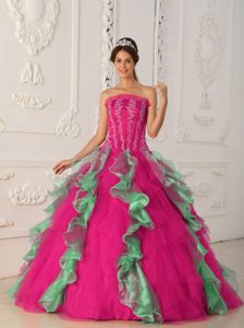 Coral Red and Green Appliqued and Beaded Quinceanera Dress for Cheap
