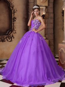 2015 Purple Sweetheart Organza Beaded Quinceanera Dress with Appliques
