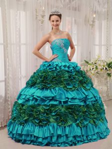 Strapless Taffeta Appliqued and Ruched Quinceanera Dress with Ruffled Layer