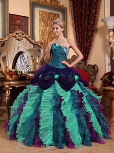Colorful Strapless Taffeta and Organza Appliqued Beaded Quinceanera Dress