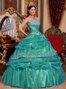 Strapless Organza Quinceanera Dress with Appliques and Pick-ups for Cheap