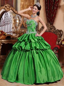 Green Sweetheart Taffeta Quinceanera Dress with Appliques on Promotion