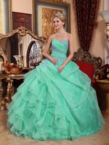 Popular Green Sweetheart Organza Appliqued Ruched Quinceanera Dresses