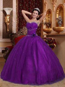Purple Tulle Beaded Quinceanera Dress with Hand Made Flowers for Cheap