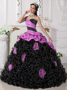 Pretty Pink and Black Organza Beaded Quinceanera Dress with Rolling Flower