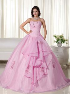 Baby Pink Strapless Organza Quinceanera Dress with Embroidery Decorated