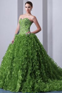 Pretty Green Sweetheart Organza Beaded Quinceanea Gown Dress with Ruffle