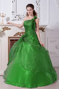 Green Beaded One Shoulder Taffeta and Organza Quinceanera Dress on Sale