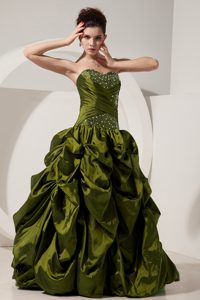 New Olive Green Sweetheart Taffeta Beaded Quinceanea Dress with Pick-ups