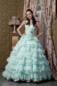 Light Blue A-line One Shoulder Beaded Quinceanea Dress with Ruffled Layers