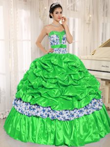 Beaded Spring Green Taffeta and Printed Quinceanera Dress with Pick-ups