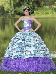 Colorful Printed Beaded Quinceanera Dress with Pick-ups and Ruffles in 2013