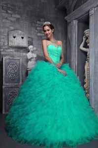 Exclusive Sweetheart Taffeta and Organza Beaded Green Quinceanera Dress