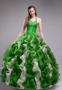 Green Halter Top Organza Quinceanera Dresses with Appliques and Ruffles