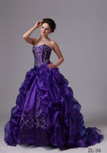 Custom Made Purple Quinceanera Gown with Pick-ups and Embroidery in Taffeta